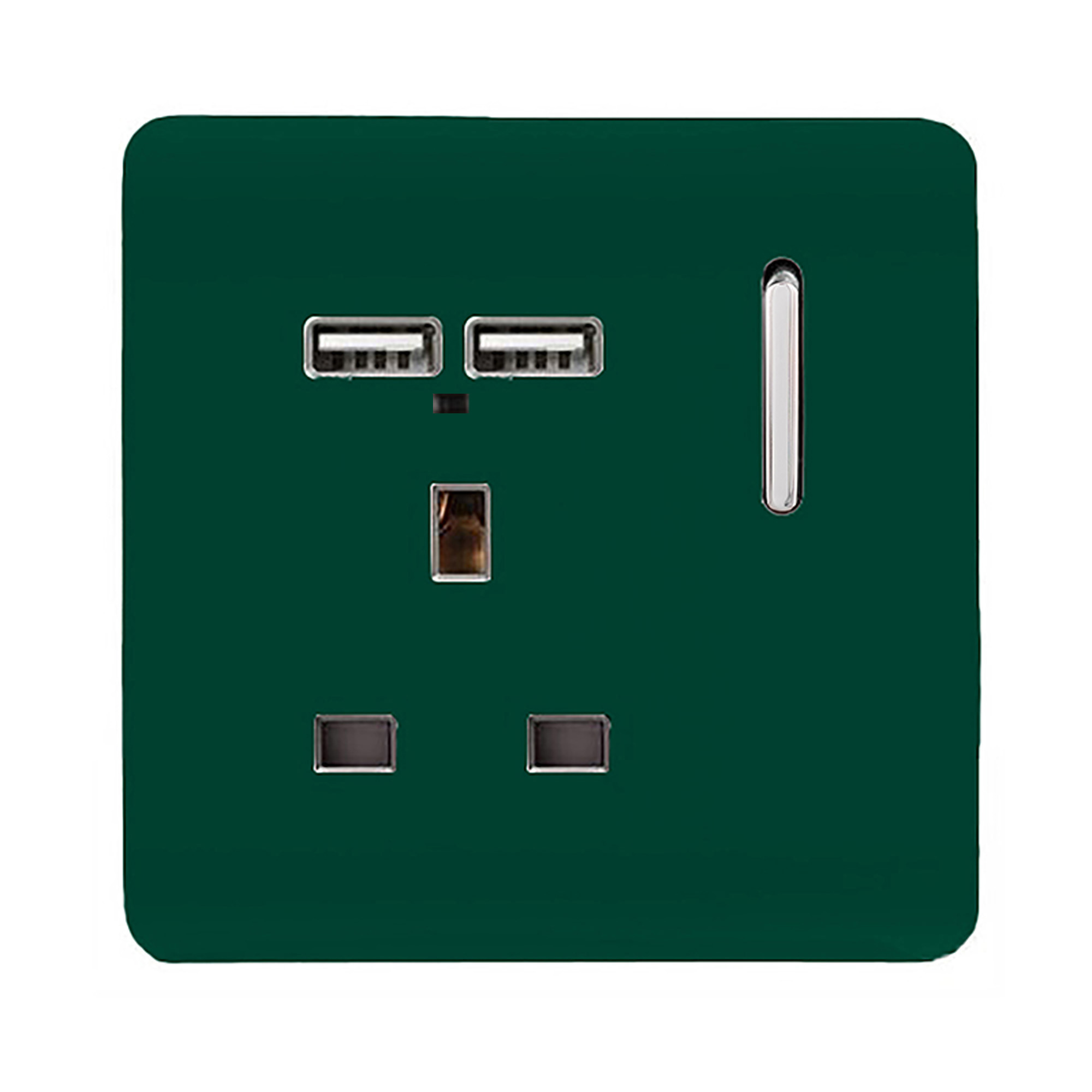 1 Gang Switched Single Socket 13A With 2 x USB-A 10W (Shared) With Neon Insert Dark Green